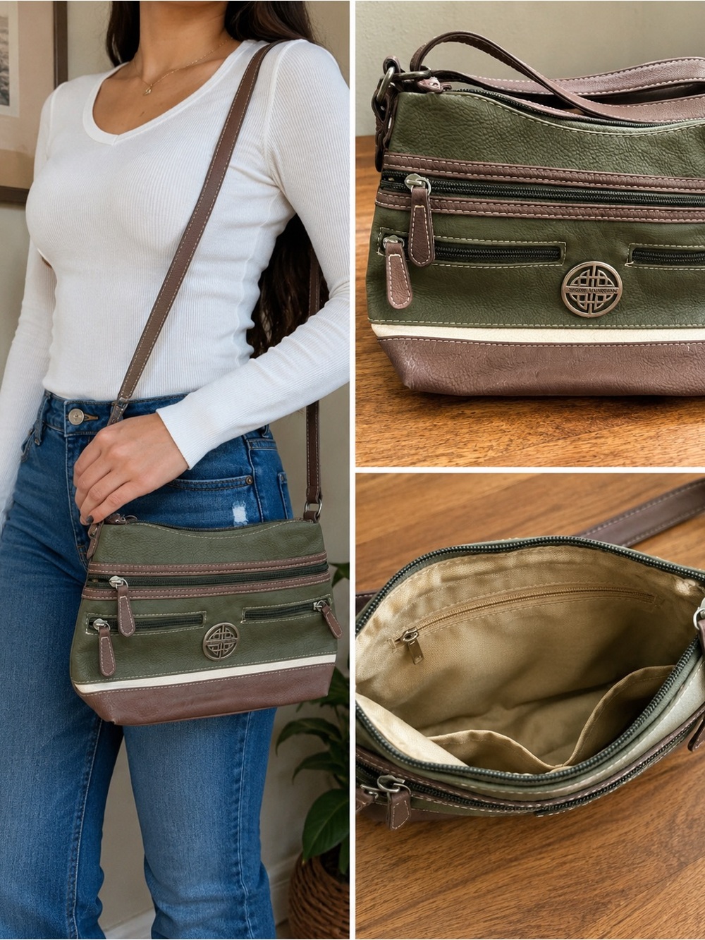 Stone Mountain Accessories Olive Green and Brown Crossbody Bag